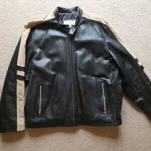 Wilsons Leather Black Leather Bomber Jacket with Tan Contrast Panels